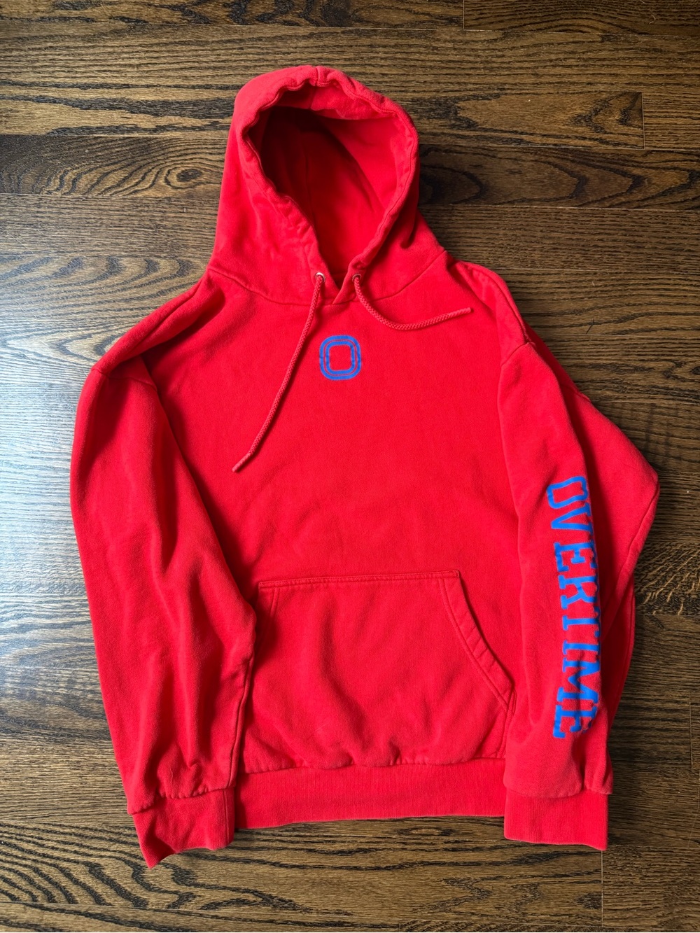 Men's OVERTIME Red Pullover Hoodie with Blue Sleeve Lettering
